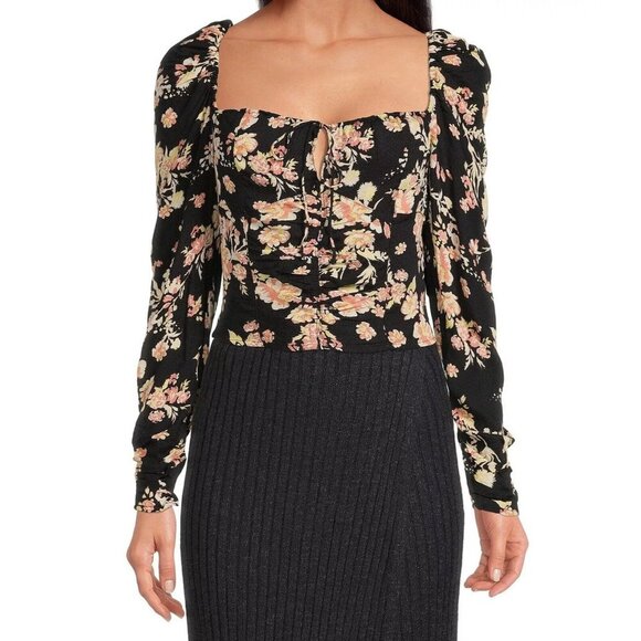 Free People Women's L Hilary Cropped Top Keyhole Floral Black Combo Bohemian - Picture 1 of 6